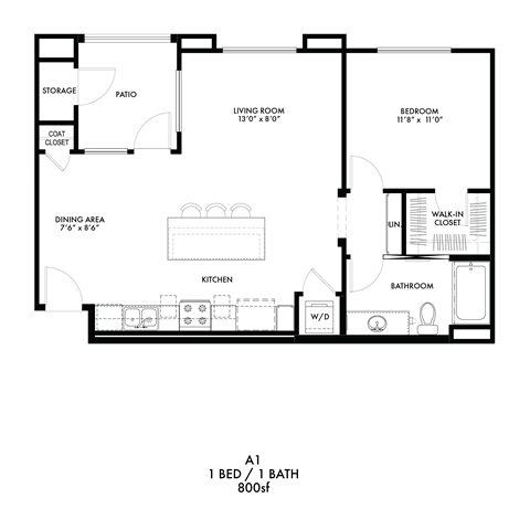 Floor plan for 1 bed, 1 bath, 800 sqft